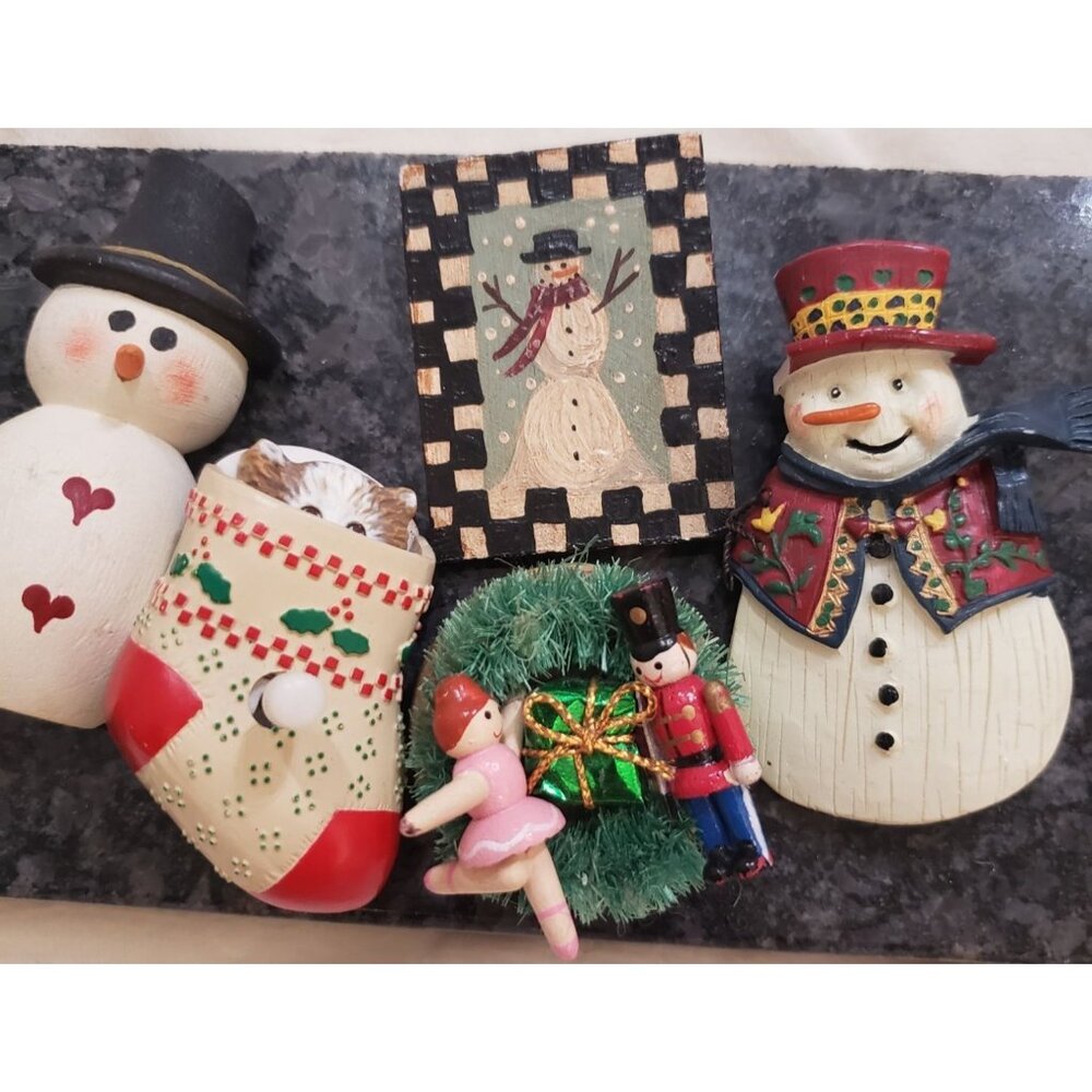 Vintage Snowman & Christmas Ornament Brooch Lot & Wind Up Cat In Stocking